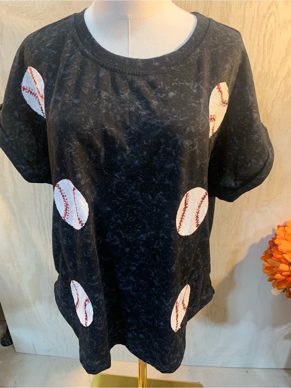 Amazon Black Short-Sleeve Tee with Sequin Baseball Motifs